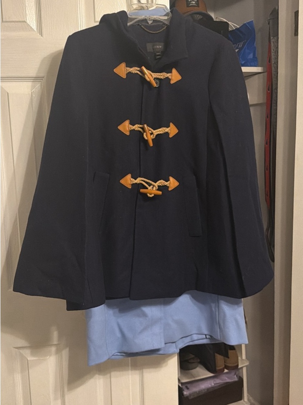J. Crew Navy Wool Coat with Gold Chain Detail